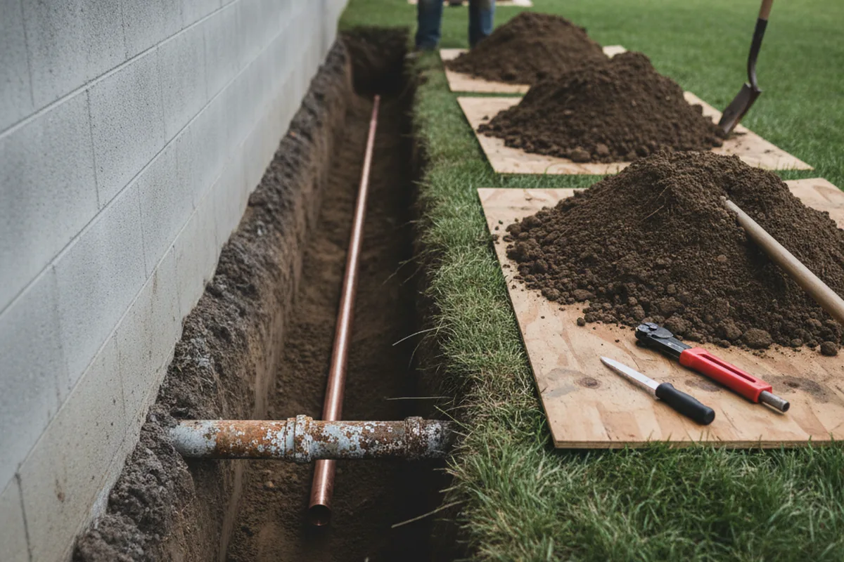 Excavated water line trench during Water Softener Installation in Manilla